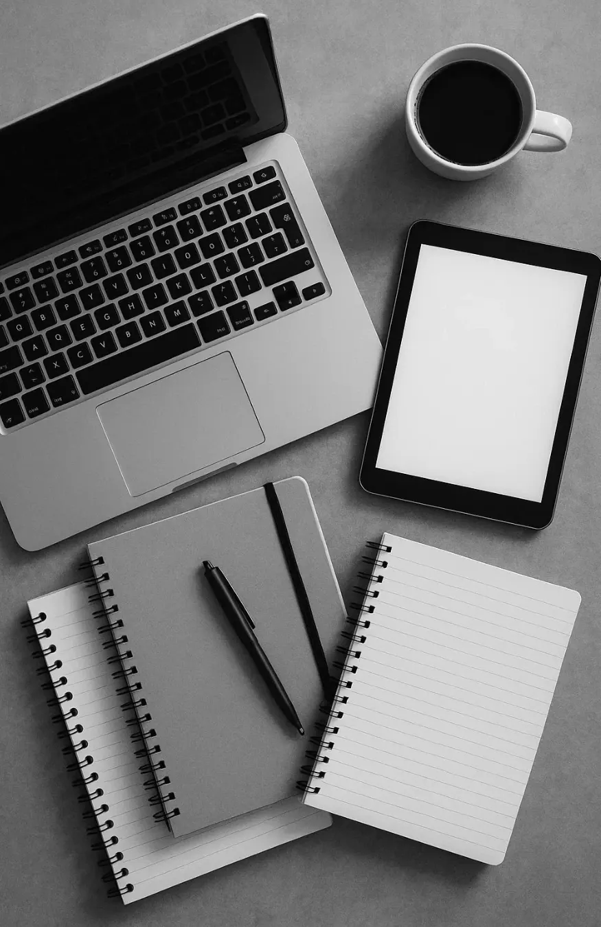 Mesa de trabalho com notebook, tablet e cadernos de anotações